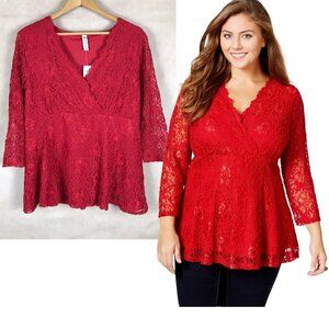 Plus Size Red Lace V-neck Top NWT 1X